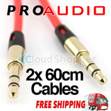 Pro Red 60cm Gold Tip Aux Cable Stereo Audio 3.5mm Input Cord Male to Male mp3 p