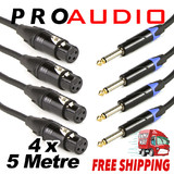 4x 5m Microphone Cable Lead 6.5mm 1/4 inch Unbalanced Male to XLR Female Mic Plug