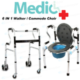 Wheel Walking Frame Commode Chair Shower Walker 6 in 1 Aid - Aluminium Frame