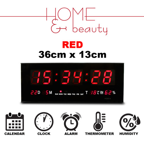 Digital Clock - 36 x 13 x 3.5cm - Red Display