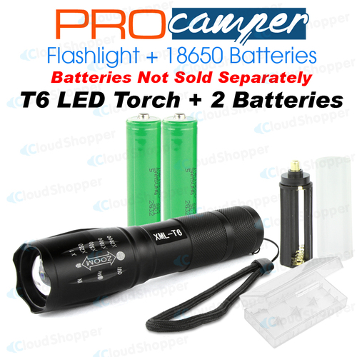 XML-T6 Flashlight Torch + 2 Button 18650 Batteries