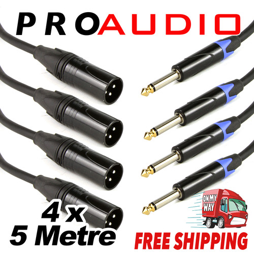 4x 5m Microphone Cable Lead 6.5mm 1/4 inch Unbalanced Male to XLR Male Mic Plug