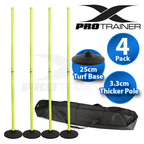 4x 3.3cm Agility Slalom 2 Section Fluorescent Yellow Training Poles With Turf Base 